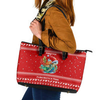 Tonga Christmas Leather Tote Bag with Sea Turtle Coral Reef Design Snowflake Pattern and National Emblem - Polynesian Pride