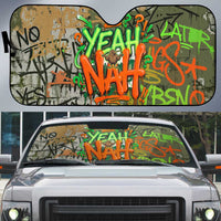 Yeah Nah Graffiti Skull New Zealand Slang Auto Sun Shade Kiwi Grunge Brick Wall and Bold Urban Street Art