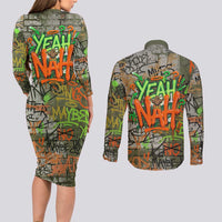 Yeah Nah Graffiti Skull New Zealand Slang Couples Matching Long Sleeve Bodycon Dress and Long Sleeve Button Shirt Kiwi Grunge Brick Wall and Bold Urban Street Art