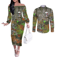 Yeah Nah Graffiti Skull New Zealand Slang Couples Matching Off The Shoulder Long Sleeve Dress and Long Sleeve Button Shirt Kiwi Grunge Brick Wall and Bold Urban Street Art