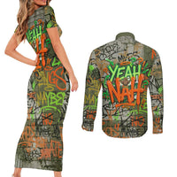 Yeah Nah Graffiti Skull New Zealand Slang Couples Matching Short Sleeve Bodycon Dress and Long Sleeve Button Shirt Kiwi Grunge Brick Wall and Bold Urban Street Art