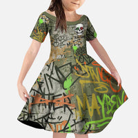 Yeah Nah Graffiti Skull New Zealand Slang Family Matching Off The Shoulder Long Sleeve Dress and Hawaiian Shirt Kiwi Grunge Brick Wall and Bold Urban Street Art TS04 Daughter's Dress Multicolor - Polynesian Pride