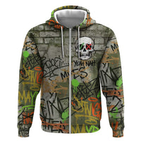 Yeah Nah Graffiti Skull New Zealand Slang Hoodie Kiwi Grunge Brick Wall and Bold Urban Street Art