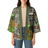 Yeah Nah Graffiti Skull New Zealand Slang Kimono Kiwi Grunge Brick Wall and Bold Urban Street Art