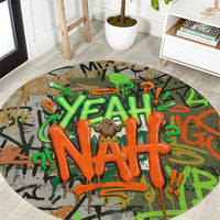 Yeah Nah Graffiti Skull New Zealand Slang Round Carpet Kiwi Grunge Brick Wall and Bold Urban Street Art