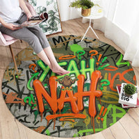 Yeah Nah Graffiti Skull New Zealand Slang Round Carpet Kiwi Grunge Brick Wall and Bold Urban Street Art