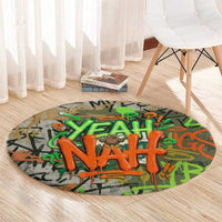 Yeah Nah Graffiti Skull New Zealand Slang Round Carpet Kiwi Grunge Brick Wall and Bold Urban Street Art