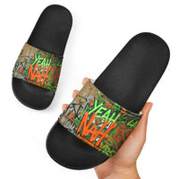 Yeah Nah Graffiti Skull New Zealand Slang Slide Sandals Kiwi Grunge Brick Wall and Bold Urban Street Art