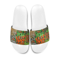 Yeah Nah Graffiti Skull New Zealand Slang Slide Sandals Kiwi Grunge Brick Wall and Bold Urban Street Art