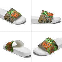 Yeah Nah Graffiti Skull New Zealand Slang Slide Sandals Kiwi Grunge Brick Wall and Bold Urban Street Art