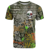 Yeah Nah Graffiti Skull New Zealand Slang T Shirt Kiwi Grunge Brick Wall and Bold Urban Street Art