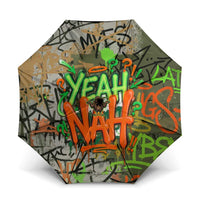 Yeah Nah Graffiti Skull New Zealand Slang Umbrella Kiwi Grunge Brick Wall and Bold Urban Street Art