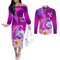 Hawaii Plumeria Flower Couples Matching Off The Shoulder Long Sleeve Dress and Long Sleeve Button Shirts Plumeria FLowers And Polynesian Pattern TS04 Gradient - Polynesian Pride