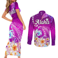 Hawaii Plumeria Flower Couples Matching Short Sleeve Bodycon Dress and Long Sleeve Button Shirts Plumeria FLowers And Polynesian Pattern TS04 - Polynesian Pride