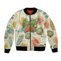 NZ Slang Sweet As Kiwi Shaka Sign Bomber Jacket New Zealand Surfboards Sun and Tropical Beach Retro