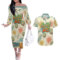 NZ Slang Sweet As Kiwi Shaka Sign Couples Matching Off The Shoulder Long Sleeve Dress and Hawaiian Shirt New Zealand Surfboards Sun and Tropical Beach Retro