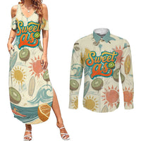 NZ Slang Sweet As Kiwi Shaka Sign Couples Matching Summer Maxi Dress and Long Sleeve Button Shirt New Zealand Surfboards Sun and Tropical Beach Retro