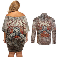 Choice Bro Graffiti Handshake Couples Matching Off Shoulder Short Dress and Long Sleeve Button Shirt New Zealand Slang Fern Brick Wall and Urban Street Art