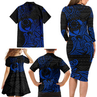 Pohnpei Federated States Of Micronesia Family Matching Long Sleeve Bodycon Dress and Hawaiian Shirt Polynesian Tribal Heritage Art With Blue Island Tattoo Patterns