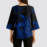 Pohnpei Federated States Of Micronesia Kimono Sleeve Blouse Polynesian Tribal Heritage Art With Blue Island Tattoo Patterns
