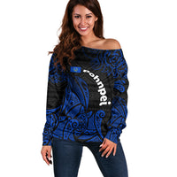 Pohnpei Federated States Of Micronesia Off Shoulder Sweater Polynesian Tribal Heritage Art With Blue Island Tattoo Patterns