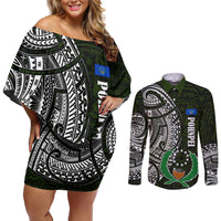 Pohnpei Federated States Of Micronesia Couples Matching Off Shoulder Short Dress and Long Sleeve Button Shirt Polynesian Tribal Heritage Art With Kaselehlie State Seal