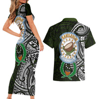 Pohnpei Federated States Of Micronesia Couples Matching Short Sleeve Bodycon Dress and Hawaiian Shirt Polynesian Tribal Heritage Art With Kaselehlie State Seal