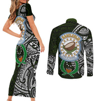 Pohnpei Federated States Of Micronesia Couples Matching Short Sleeve Bodycon Dress and Long Sleeve Button Shirt Polynesian Tribal Heritage Art With Kaselehlie State Seal