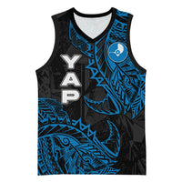 Yap Island Tribal Heritage Basketball Jersey Micronesian Polynesian Tattoo Pattern Blue Black Cultural Art