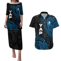 Yap Island Tribal Heritage Couples Matching Puletasi and Hawaiian Shirt Micronesian Polynesian Tattoo Pattern Blue Black Cultural Art