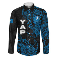 Yap Island Tribal Heritage Family Matching Off The Shoulder Long Sleeve Dress and Hawaiian Shirt Micronesian Polynesian Tattoo Pattern Blue Black Cultural Art
