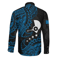 Yap Island Tribal Heritage Family Matching Off Shoulder Maxi Dress and Hawaiian Shirt Micronesian Polynesian Tattoo Pattern Blue Black Cultural Art