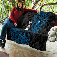 Yap Island Tribal Heritage Quilt Micronesian Polynesian Tattoo Pattern Blue Black Cultural Art