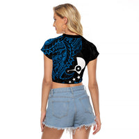 Yap Island Tribal Heritage Raglan Cropped T Shirt Micronesian Polynesian Tattoo Pattern Blue Black Cultural Art