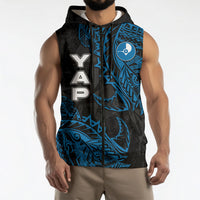 Yap Island Tribal Heritage Sleeveless Zip Hoodie Micronesian Polynesian Tattoo Pattern Blue Black Cultural Art
