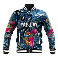 Yap Day Island Floral Tribal Heritage Baseball Jacket Micronesian Hibiscus Pattern Polynesian Tattoo Blue Art