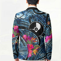 Yap Day Island Floral Tribal Heritage Blazer Micronesian Hibiscus Pattern Polynesian Tattoo Blue Art