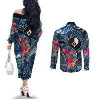 Yap Day Island Floral Tribal Heritage Couples Matching Off The Shoulder Long Sleeve Dress and Long Sleeve Button Shirt Micronesian Hibiscus Pattern Polynesian Tattoo Blue Art