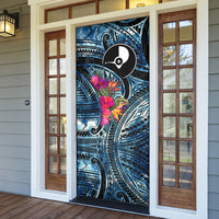 Yap Day Island Floral Tribal Heritage Door Cover Micronesian Hibiscus Pattern Polynesian Tattoo Blue Art