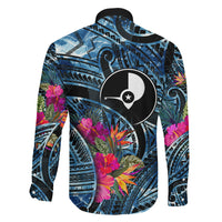 Yap Day Island Floral Tribal Heritage Family Matching Off Shoulder Short Dress and Hawaiian Shirt Micronesian Hibiscus Pattern Polynesian Tattoo Blue Art