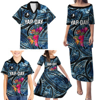 Yap Day Island Floral Tribal Heritage Family Matching Puletasi and Hawaiian Shirt Micronesian Hibiscus Pattern Polynesian Tattoo Blue Art