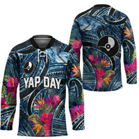 Yap Day Island Floral Tribal Heritage Hockey Jersey Micronesian Hibiscus Pattern Polynesian Tattoo Blue Art