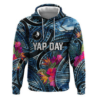 Yap Day Island Floral Tribal Heritage Hoodie Micronesian Hibiscus Pattern Polynesian Tattoo Blue Art