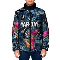 Yap Day Island Floral Tribal Heritage Padded Jacket Micronesian Hibiscus Pattern Polynesian Tattoo Blue Art