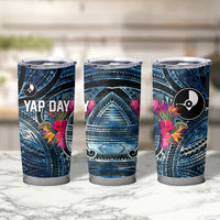 Yap Day Island Floral Tribal Heritage Tumbler Cup Micronesian Hibiscus Pattern Polynesian Tattoo Blue Art