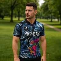 Yap Day Island Floral Tribal Heritage Zipper Polo Shirt Micronesian Hibiscus Pattern Polynesian Tattoo Blue Art