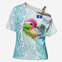 Saipan CMNI Cross Shoulder Shirt Polynesian Northern Mariana Islands Fruit Dove Watercolor TS04 Female Blue White - Polynesian Pride