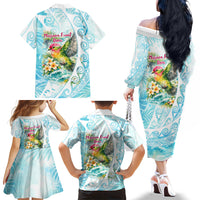 Saipan CMNI Family Matching Off The Shoulder Long Sleeve Dress and Hawaiian Shirt Polynesian Northern Mariana Islands Fruit Dove Watercolor