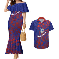 Saipan Northern Mariana Islands Couples Matching Mermaid Dress and Hawaiian Shirt Polynesian Tribal Tattoo Art With Hibiscus Flowers And Seal