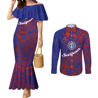Saipan Northern Mariana Islands Couples Matching Mermaid Dress and Long Sleeve Button Shirt Polynesian Tribal Tattoo Art With Hibiscus Flowers And Seal